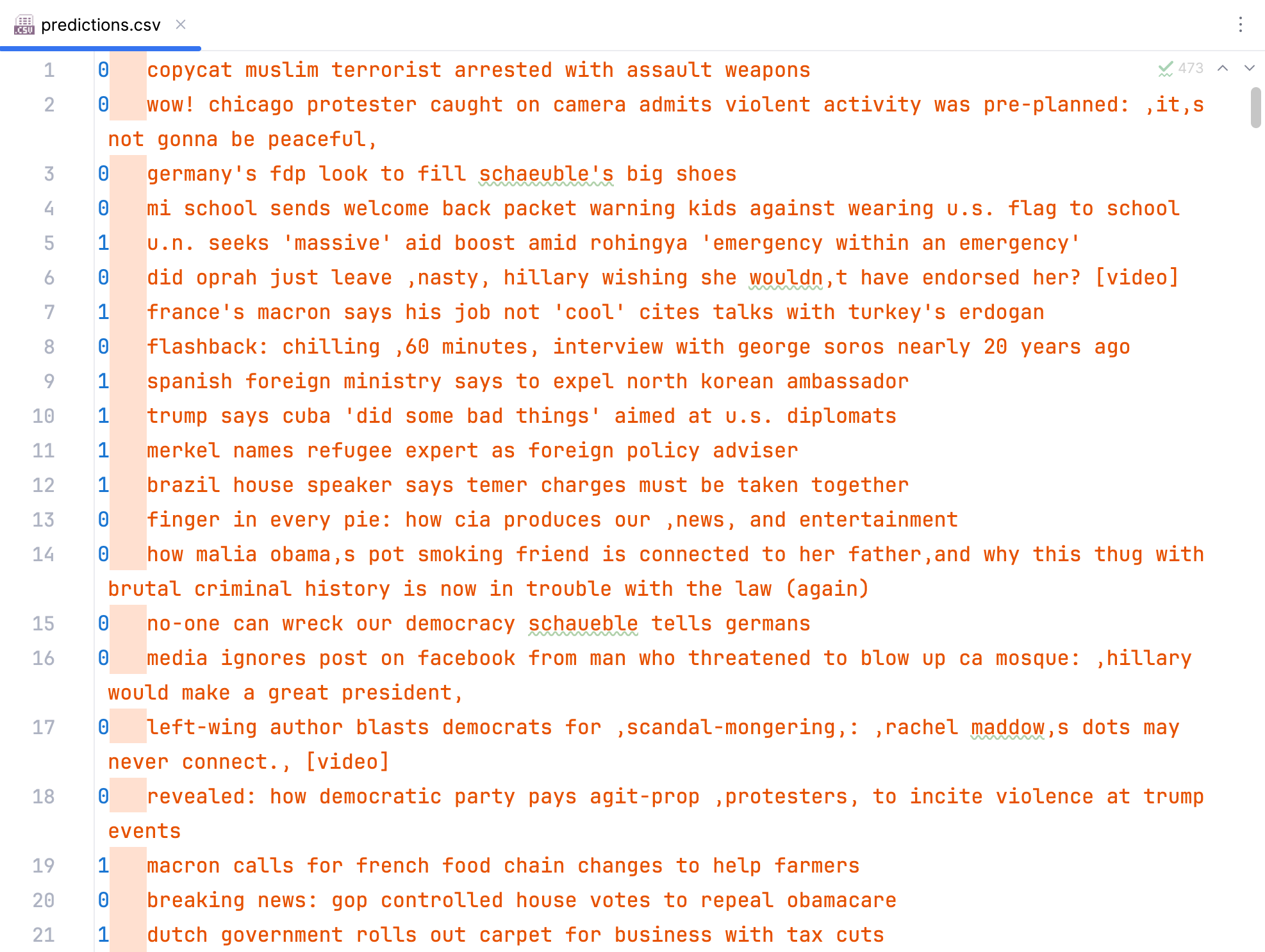 Some rows of the news dataset